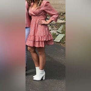 Women’s Rust Pink Printed Long-Sleeve Smocked Waist Dress